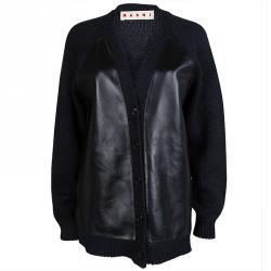 Pre Owned Marni Navy Blue Leather Panel Detail Buttondown Wool Cardigan M