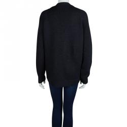 Pre Owned Marni Navy Blue Leather Panel Detail Buttondown Wool Cardigan M