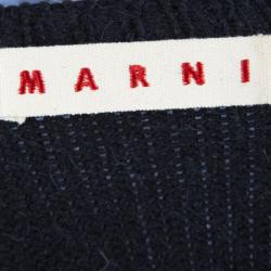 Pre Owned Marni Navy Blue Leather Panel Detail Buttondown Wool Cardigan M