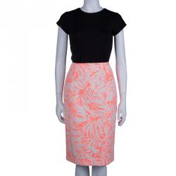 Matthew Williamson Cream and Neon Orange Floral Jacquard Pencil Skirt M