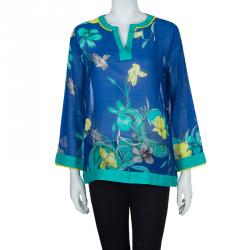 Matthew Williamson Blue Printed Pom-Pom Lace Trim Long Sleeve Sheer Blouse M
