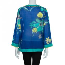 Matthew Williamson Blue Printed Pom-Pom Lace Trim Long Sleeve Sheer Blouse M