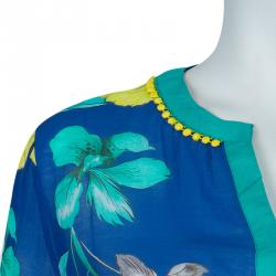 Matthew Williamson Blue Printed Pom-Pom Lace Trim Long Sleeve Sheer Blouse M