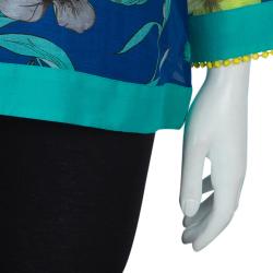 Matthew Williamson Blue Printed Pom-Pom Lace Trim Long Sleeve Sheer Blouse M