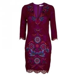Pre Owned Matthew Williamson Purple Floral Embroidered Aplique Lace Dress M
