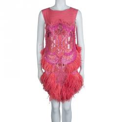 Matthew Williamson Pink Silk Feather and Bead Embellished  Sleeveless Cocktail Dress S