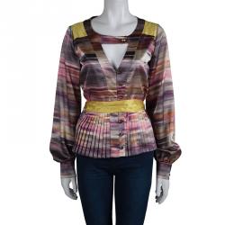 Pre Owned بلوزة ماثيو وليامسن ساتان مخططة متعددة الألوان بحزام أكمام طويلة S