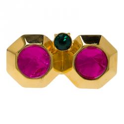 Mawi Heirloom Collection Pink & Green Octagon Bezel Yellow Gold Plated Cocktail Ring Size 55