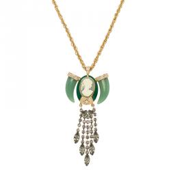 Mawi Heirloom Tusk Cameo Crystals Long Gold Tone Pendant Necklace