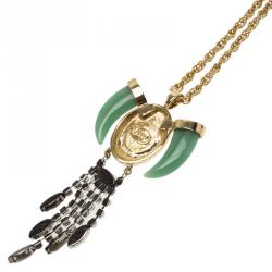 Mawi Heirloom Tusk Cameo Crystals Long Gold Tone Pendant Necklace