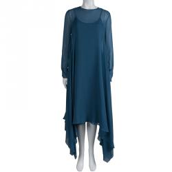 Pre Owned Max Mara Teal Blue Sheer Silk Chiffon Asymmetric Maxi Dress L