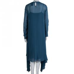 Pre Owned Max Mara Teal Blue Sheer Silk Chiffon Asymmetric Maxi Dress L