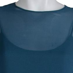 Pre Owned Max Mara Teal Blue Sheer Silk Chiffon Asymmetric Maxi Dress L