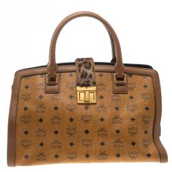 MCM Cognac Coated Canvas Calfhair Detailed Tote
