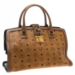 MCM Cognac Coated Canvas Calfhair Detailed Tote