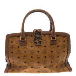 MCM Cognac Coated Canvas Calfhair Detailed Tote