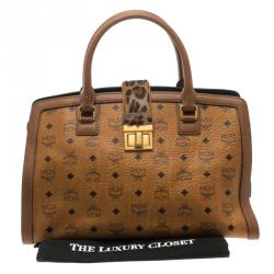 MCM Cognac Coated Canvas Calfhair Detailed Tote