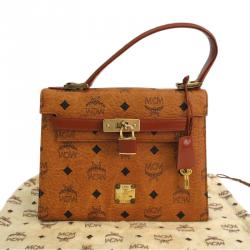 Pre Owned MCM Cognac Visetos Coated Canvas Heritage Top Handle Bag