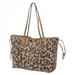 MCM Brown Visetos Coated Canvas Leopard Print Shopper Tote