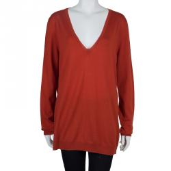 Pre Owned McQ by Alexander McQueen Burnt Orange Side Zip Detail V-Neck Sweater L