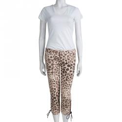Pre Owned McQ By Alexander McQueen Leopard Printed Denim Eyelet Detail Capri Pants M