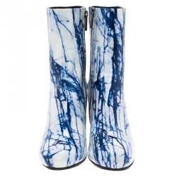Pre Owned McQ by Alexander McQueen Blue and White Printed Leather Geffrye Boots Size 37