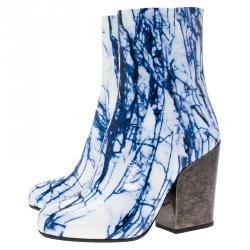 Pre Owned McQ by Alexander McQueen Blue and White Printed Leather Geffrye Boots Size 37