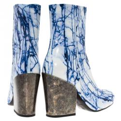 Pre Owned McQ by Alexander McQueen Blue and White Printed Leather Geffrye Boots Size 37