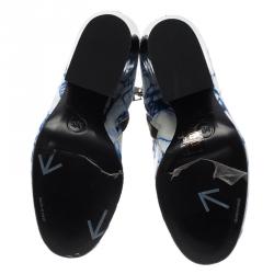 Pre Owned McQ by Alexander McQueen Blue and White Printed Leather Geffrye Boots Size 37