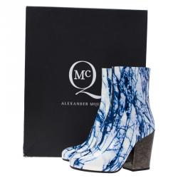 Pre Owned McQ by Alexander McQueen Blue and White Printed Leather Geffrye Boots Size 37