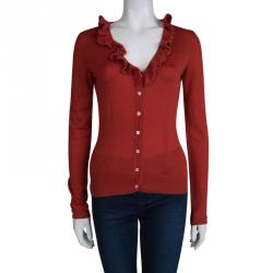 Pre Owned McQ by Alexander McQueen Red Ruffle Detail Button Front Cardigan S