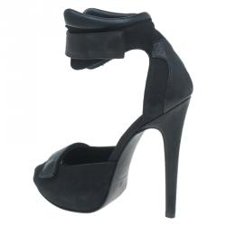 Pre Owned صندل أم سي كيو باي أليكساندر مكوين جلد أسود بحزام للكاحل مقاس 37