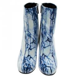 Pre Owned McQ by Alexander McQueen Blue and White Printed Leather Geffrye Boots Size 39