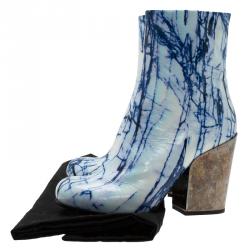 Pre Owned McQ by Alexander McQueen Blue and White Printed Leather Geffrye Boots Size 39