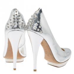Pre Owned McQ by Alexander McQueen Silver Patent Studded Metallic Pointed Toe Pumps Size 38