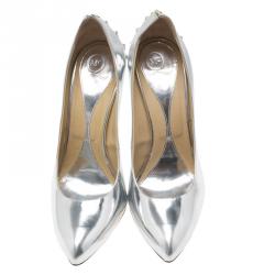 Pre Owned McQ by Alexander McQueen Silver Patent Studded Metallic Pointed Toe Pumps Size 38