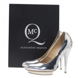 Pre Owned McQ by Alexander McQueen Silver Patent Studded Metallic Pointed Toe Pumps Size 38