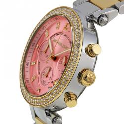 Pre Owned Michael Kors Pink Silver and Gold-Plated Stainless Steel Parker MK6140 Women's Wristwatch 39MM