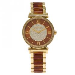 مملوكة مسبقًا Michael Kors Brown Gold-Plated Stainless Steel Crystal MK3411 Women's Wristwatch 38MM