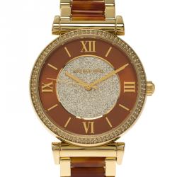 مملوكة مسبقًا Michael Kors Brown Gold-Plated Stainless Steel Crystal MK3411 Women's Wristwatch 38MM