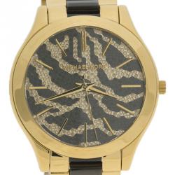 Pre Owned Michael Kors Zebra Pattern Stainless Steel Slim Runway MK3315 Women's Wristwatch 41MM