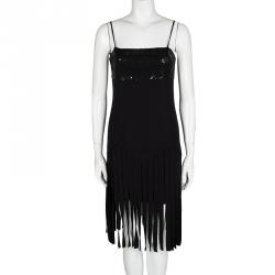Pre Owned Michael Kors Black Sequin Embellished Fringe Bottom Sleeveless Dress S
