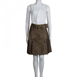 Pre Owned Michael Kors Gold Brocade Box Pleat Detail Belted Skirt M                                                                  