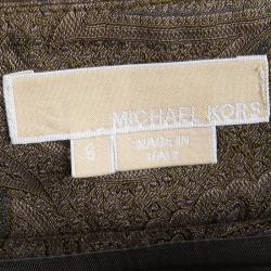 Pre Owned Michael Kors Gold Brocade Box Pleat Detail Belted Skirt M                                                                  