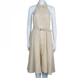 Michael Kors Beige Belted Eyelet Dress L