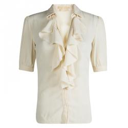 Michael Kors Cream Silk Ruffle Front Detail Blouse S