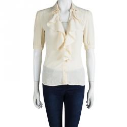 Michael Kors Cream Silk Ruffle Front Detail Blouse S