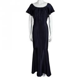 Michael Kors Navy Blue Satin Ruffle Detail Backless Maxi Dress S