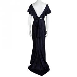 Michael Kors Navy Blue Satin Ruffle Detail Backless Maxi Dress S