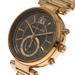 Pre Owned Michael Kors Grey Rose Gold-Plated Stainless Steel Sawyer MK6226 Women's Wristwatch 39MM
